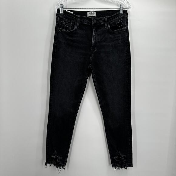 Agolde Jeans Womens 32 Black Distressed Ankle Skinny Stretch Raw Hem High Rise - Picture 1 of 15
